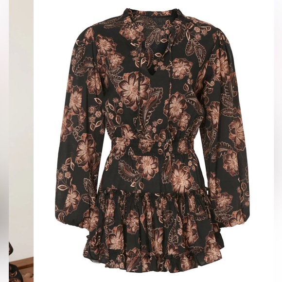 MISA Lorena Dress in Colombe D'or Flora Black Brown Long Sleeve Mini Size M - Picture 2 of 5